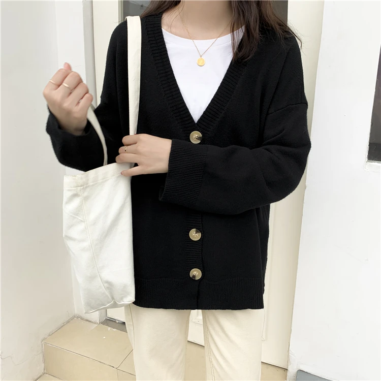 

V-neck Single-breasted Women Cardigan Tops Spring Autumn Full Sleeve Solid Loose Fashion Korean Female Sweater Jumpers Femme