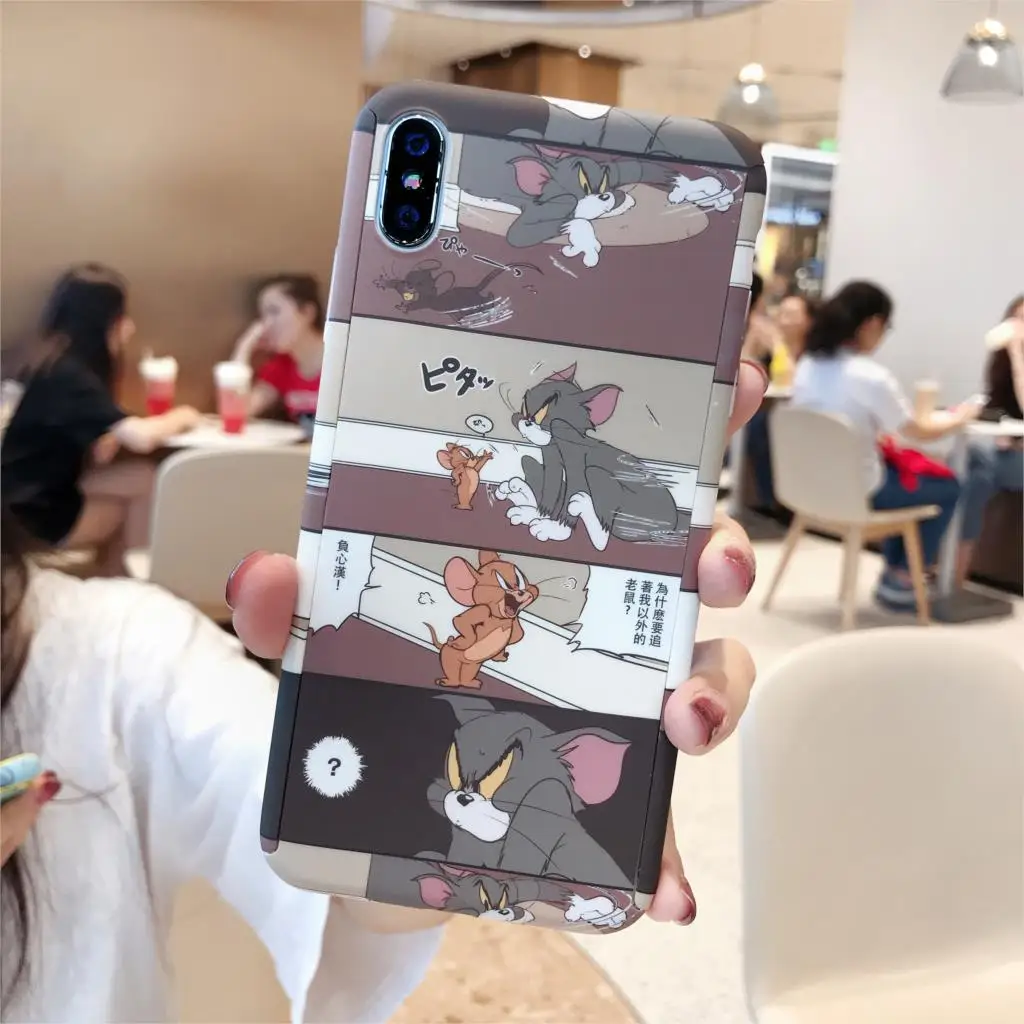 360 чехол с милым рисунком том Джерри для iPhone X, XR, XS, Max, 6, 6 S, 7, 8 Plus, 5, 5S, SE, тонкий жесткий чехол с изображением аниме i Phone Cat mouse, стекло