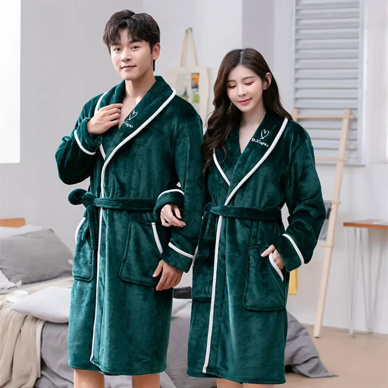 Winter Facecloth Thickened Couple Robe Women Coral Velvet Bathrobe Men and Women Plus Velvet Plus Long Pajamas Home Wear Pajamas