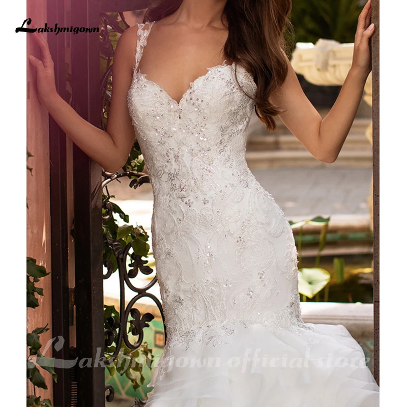 

Shining Gallus Sleeveless Mermaid/Trumpet Wedding Dresses 2020 Sweetheart Sweep/Brush Train Tulle and Organza with Beading