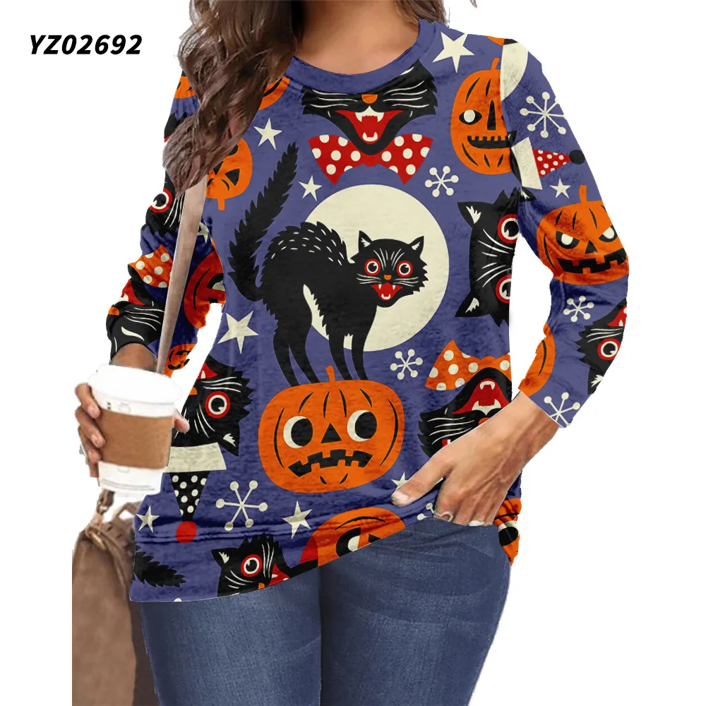 

Женская футболка с длинным рукавом и принтом тыквы и кота, размеры до 6XL