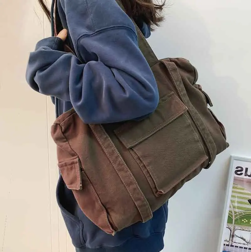 

Вместительная сумка-тоут для женщин, брезентовый саквояж на плечо в стиле ретро, универсальная дамская сумочка через плечо, весна 2022