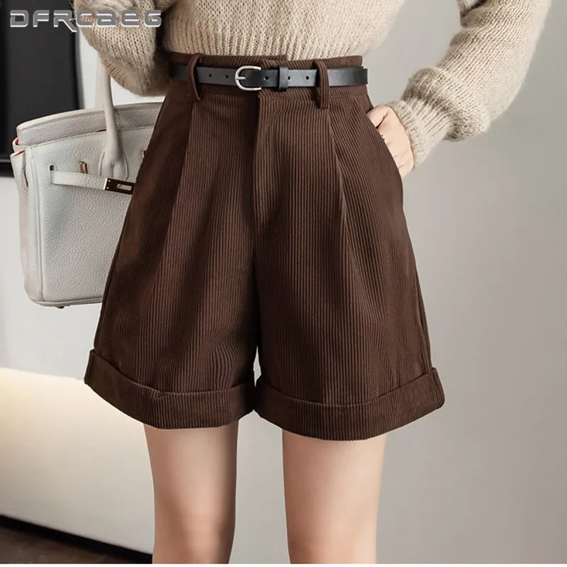 

Шорты женские вельветовые с широкими штанинами, с завышенной талией, до колена