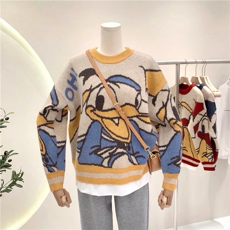 

Women Knit Pullover 2021 Spring Autumn New Retro Fashion Jacquard Cartoon Duck Pattern Loose Stitching Fake Two Cashmere Sweater