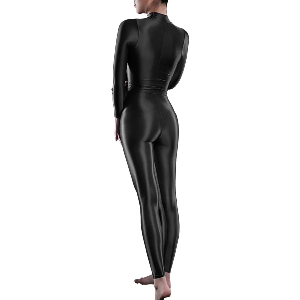 Womens Lingerie Bodysuit One-piece Shimmery Smooth High Neck Long Sleeves Ankle Length Double-ended Zipper Leotard Jumpsuit