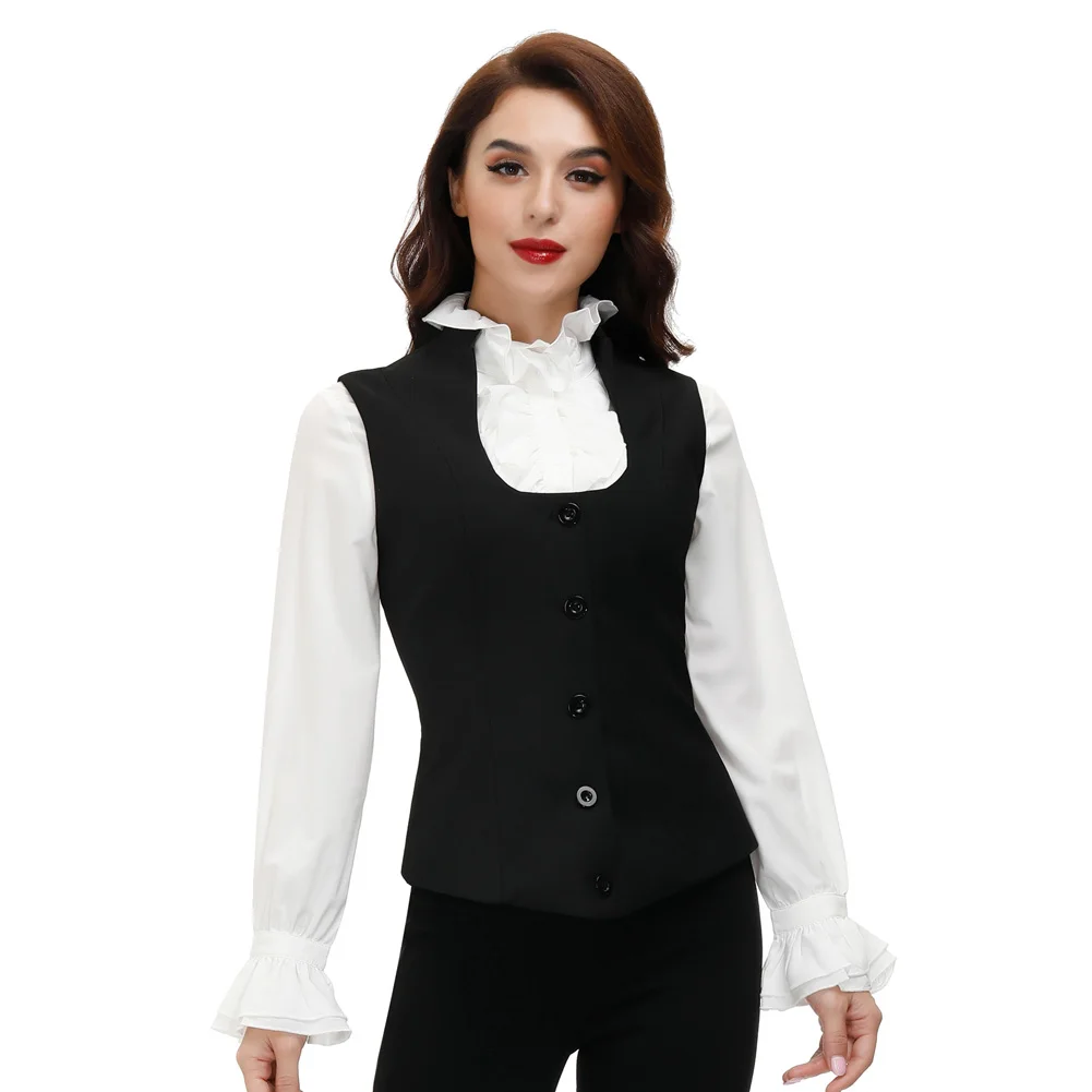 

Kate Kasin Women U-Neck Vest Coat Sleeveless Stand Collar Single Breasted Solid Color Slim Retro Jacket Clothes Black Female
