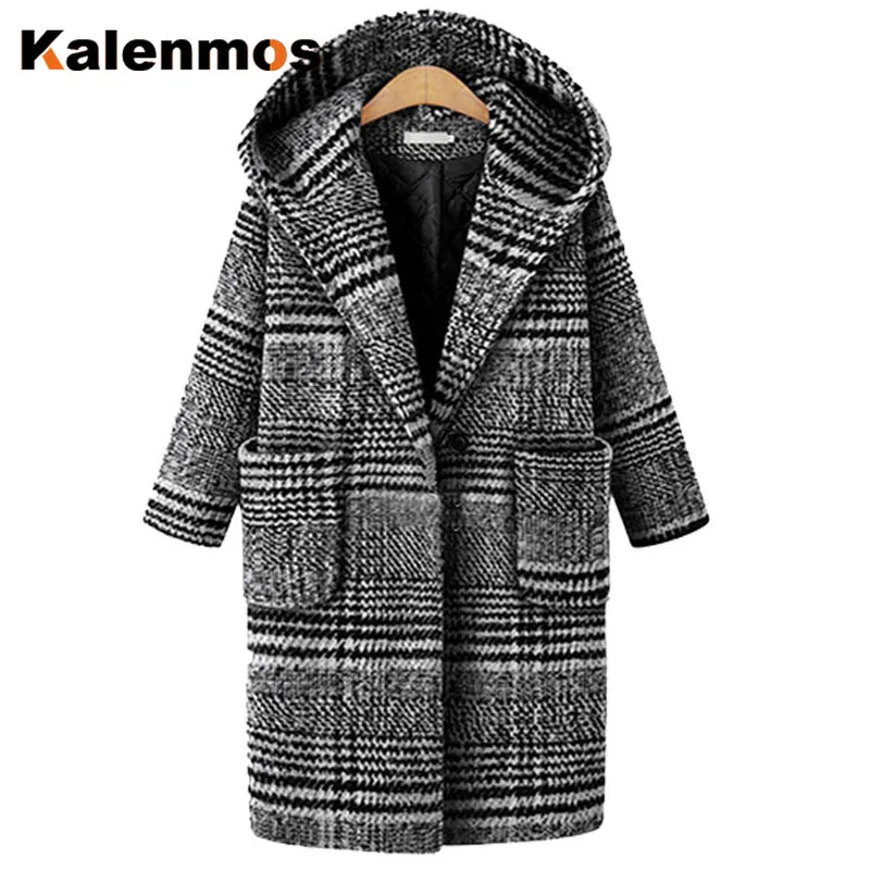 Женское длинное зимнее пальто в шотландскую клетку с капюшоном|Женские пальто| |