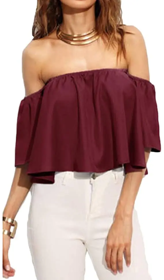 

2021 Ladies Strapless Petal Sleeve Top Ladies Fashion Solid Color Summer Short One-Line Collar Ruffle Sleeve Top Clothes
