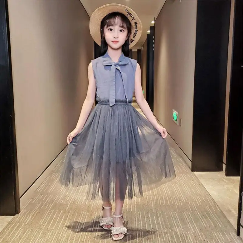

Girls dress summer 2021 new fashion foreign gauze skirt children's net red fashion two-piece set 7-10year