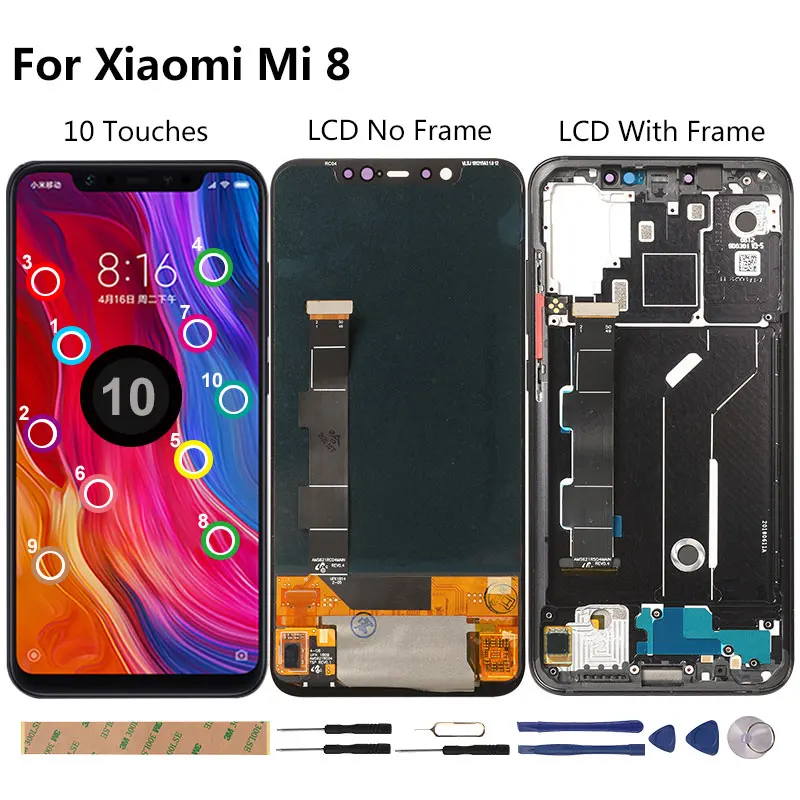 Pantalla Amoled original para m&oacute;vil, repuesto t&aacute;ctil LCD 10 para Xiaomi Mi 8, global, probado, sin p&iacute;xeles muertos, M1803E1A-1