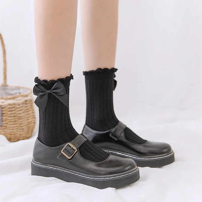1 Pair Women Socks Ruffle Lolita Bow Socks Cosplay Costumes Accessories Medium Tube Cotton Socks Cute Sweet Girl Gift