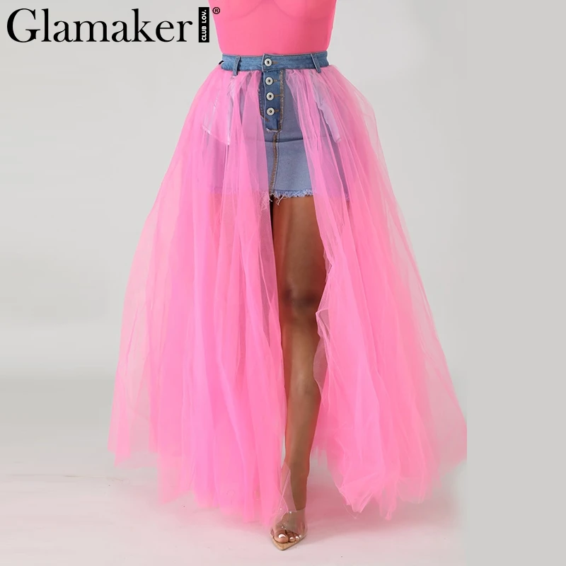 Glamaker, сетчатая прозрачная Джинсовая юбка в стиле пэчворк, сексуальная летняя белая юбка на пуговицах с высокой талией, женская уличная джинсовая юбка на пуговицах