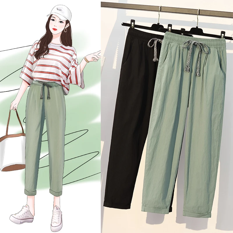 Большие женские брюки из хлопка и льна летние укороченные повседневные для