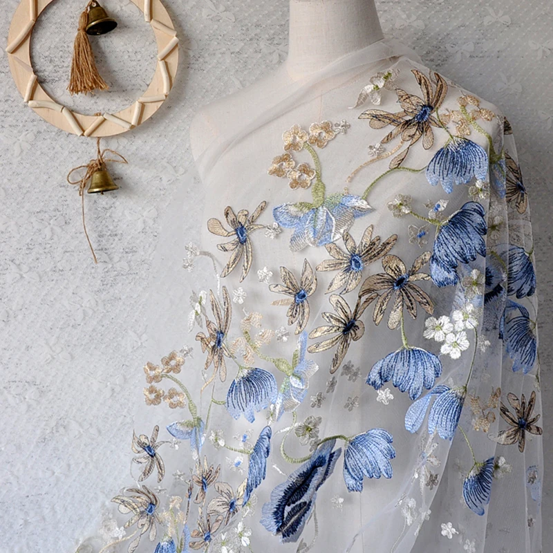 Синий Сетчатое вышитое кружево юбка ткань diy ручной работы торжественное платье