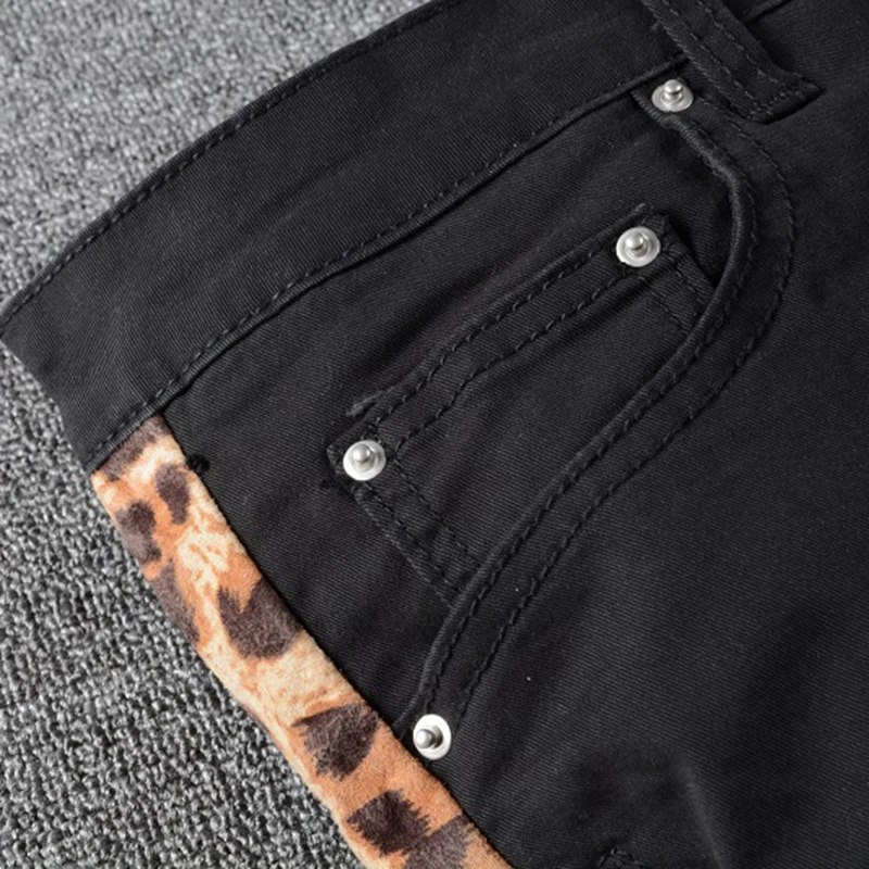 Мужские джинсы в стиле хип-хоп с леопардовым принтом черные Стрейчевые пэчворк