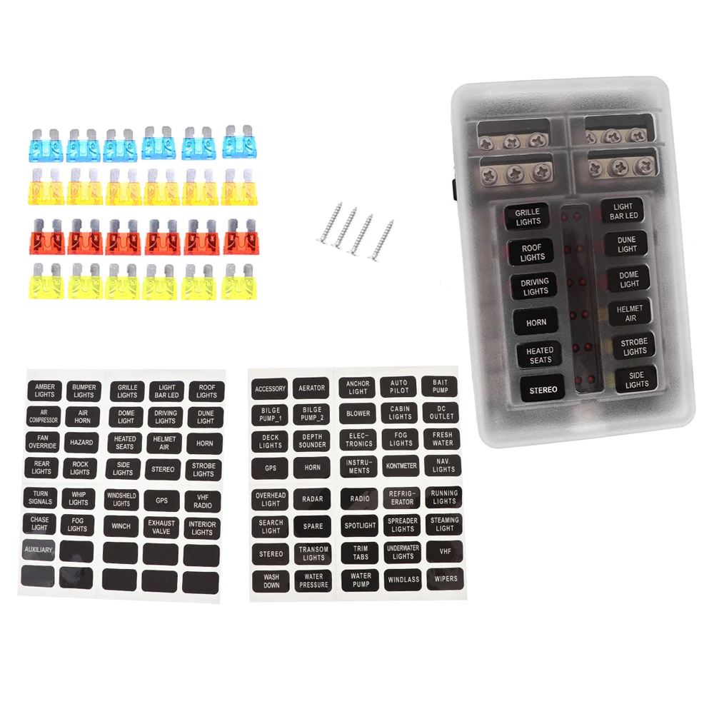 

6 way/12 Way Blade Fuse Block 12V 32V Plastic Cover Fuse Box LED Warning Indicator Damp-Proof Cover for Car Boat Marine RV Truck