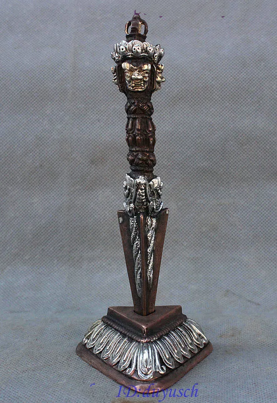 

7" Tibet Buddhism Bronze Silver Makakala Buddha Head Statue Phurba Dagger Holder