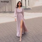 Женское вечернее платье Sevintage, шифоновое платье для выпускного с аппликациями с длинными рукавами-фонариками, V-образным вырезом и разрезом по бокам, женское платье большого размера