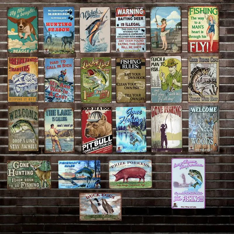 

[ DecorMan ] Hunting Fishing PIG DOG TIN SIGN Custom wholesale Mural Paintings Bar PUB Decor LT-1821