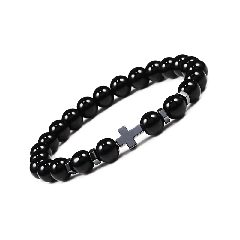 

Charm Hematite Cross Nature Onyx Stone 8MM Beads Bracelets Bangles Women Men Meditation Prayer Strand Wristband Jewelry pulseras