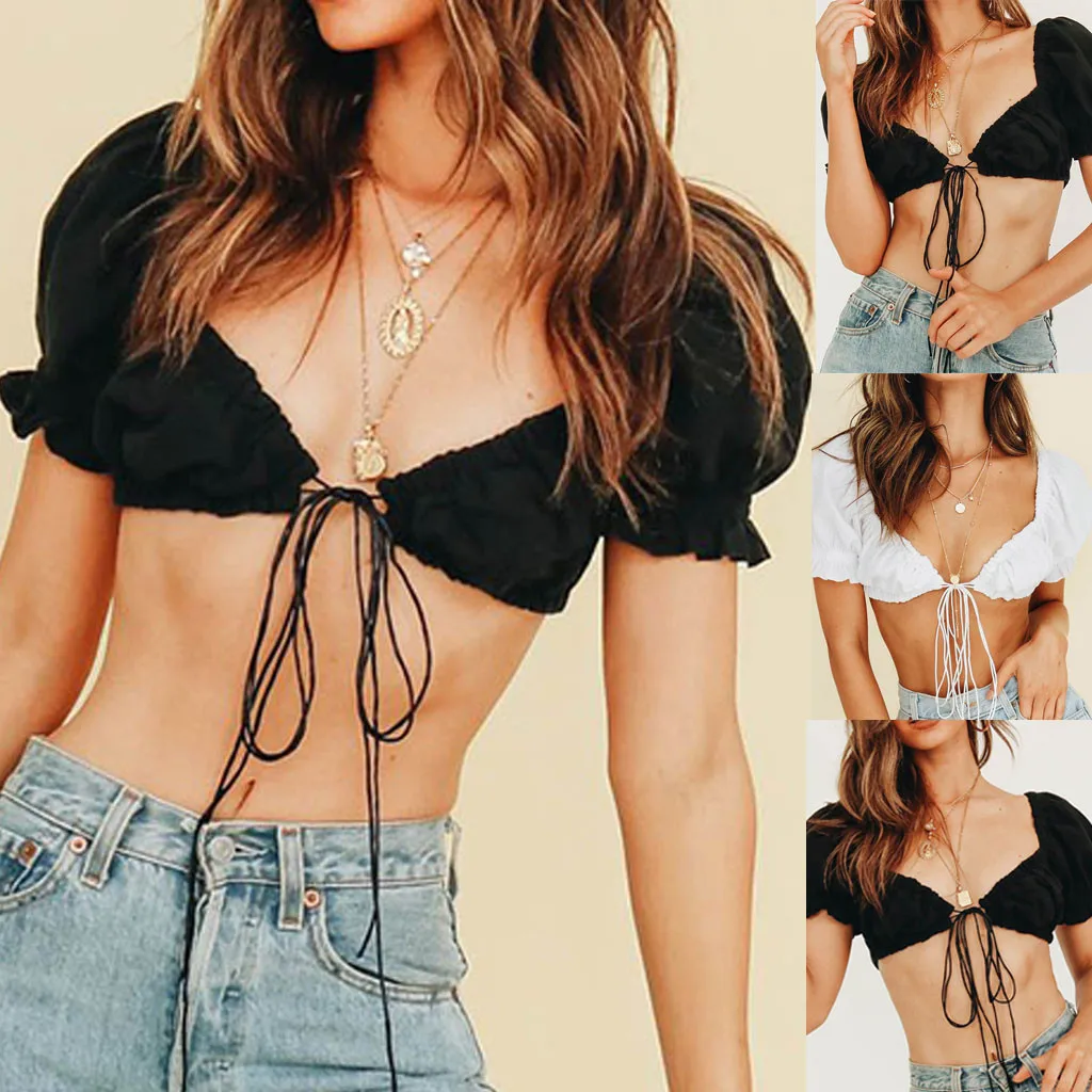 Женские повседневные однотонные повязки с пышными рукавами на шнуровке шорты