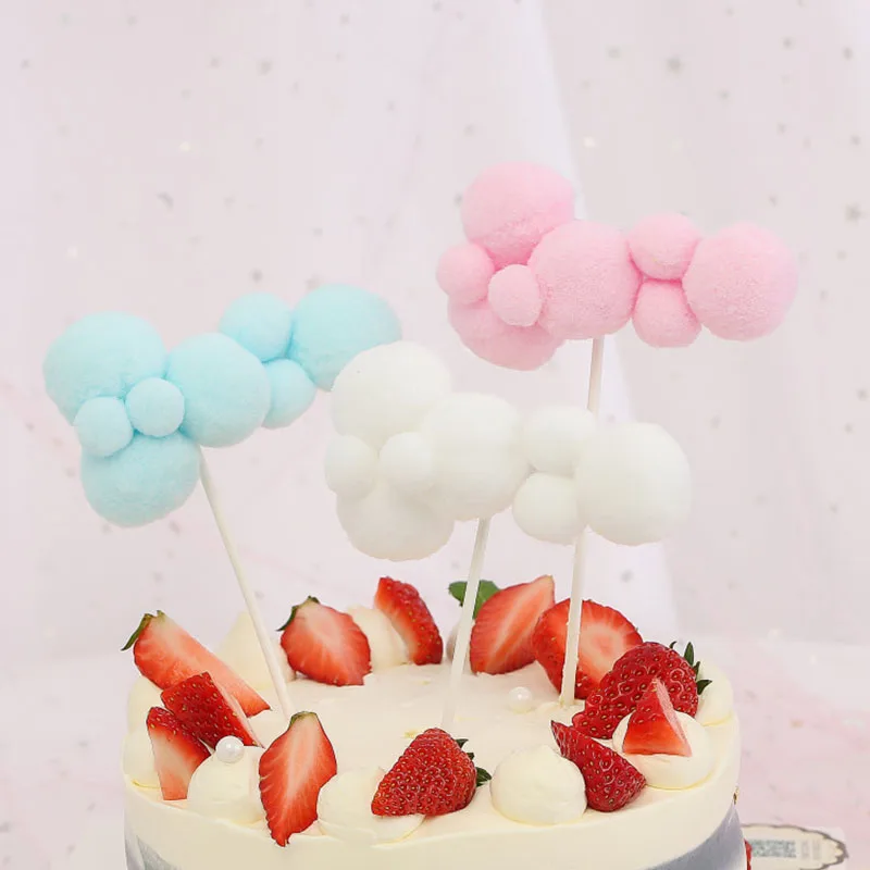 Cloud shape Pom-pom Colorful Cake Topper For Birthday Anniversary Party Cupcake Decoration Blue Pink White Baking Supplies Decor | Дом и сад