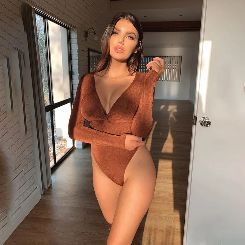 LVINMW однотонный облегающий боди с v образным вырезом длинным рукавом и рюшами