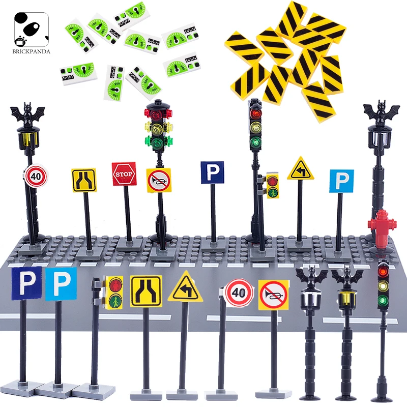 

MOC City Traffic Lights No Parking Building Blocks Mini Bricks Scene Construction Minifigs Accessories DIY Road Signs Kid Toys