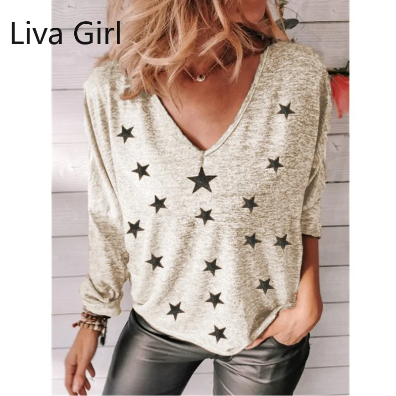 

Autumn Vintage 5 Stars Print T Shirt Women Top Casual V Neck Long Sleeve Loose T-shirts Female Fashion Plus Size Street Clothes