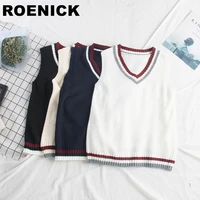 roenick sweaters vests women knitted striped v neck sweater vest womens korean preppy style sweet sleeveless loose leisure
