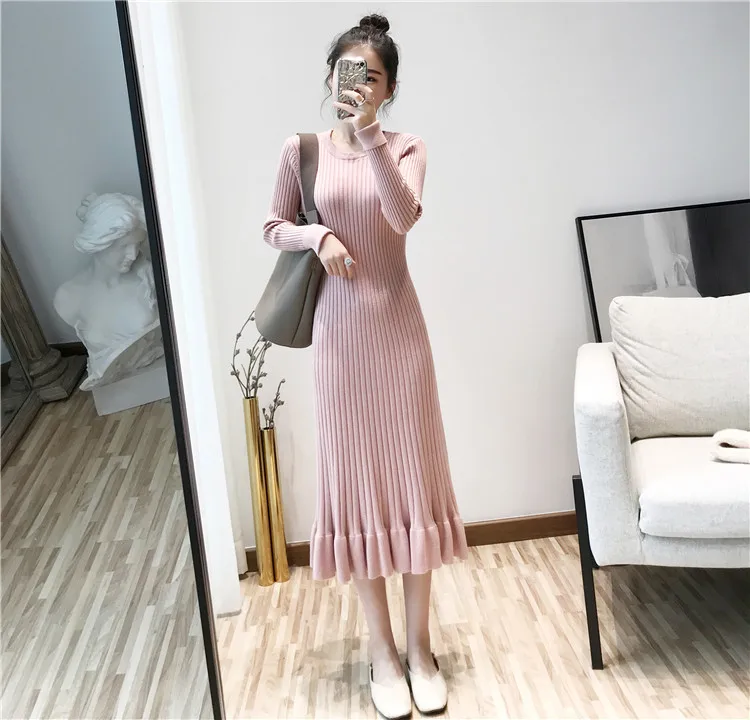 

Z Base Skirt 2020 Autumn and Winter Crew Neck Long Sleeve Underwear over-the-Knee Mid-length Knitted Sweater