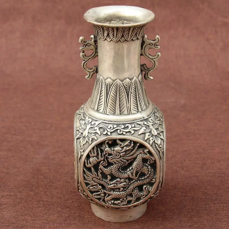 Антикварная медная Серебряная декоративная фурнитура ваза с драконами и