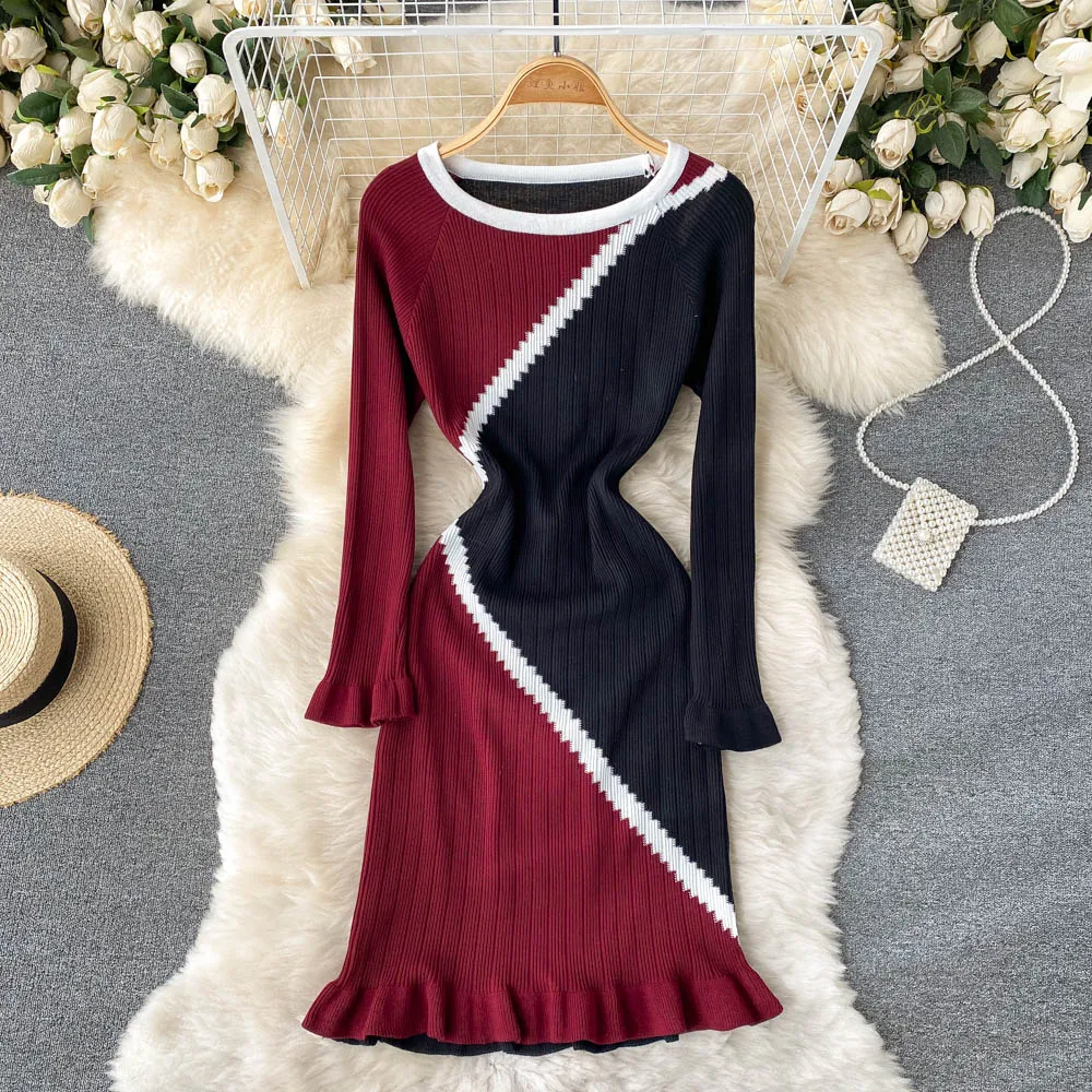 

Chic Streetwear Autumn Winter Knitted Dress Design French Sweater Dress Women Retro Fashion Korean Long Sleeve Dresses