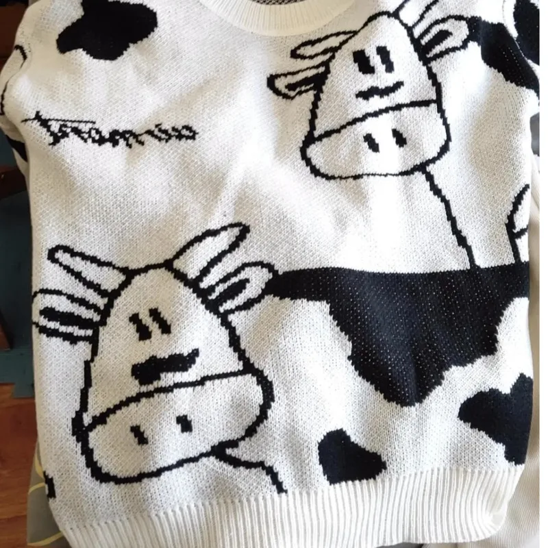 Рождественский свитер из коровьей кожи женская одежда Свободная трикотажная Kawaii