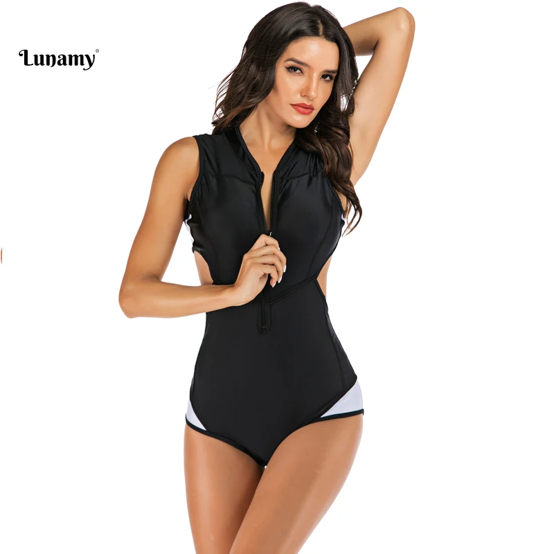 Lunamy черный белый лоскутный цельный купальник женский без рукавов боди пляжная