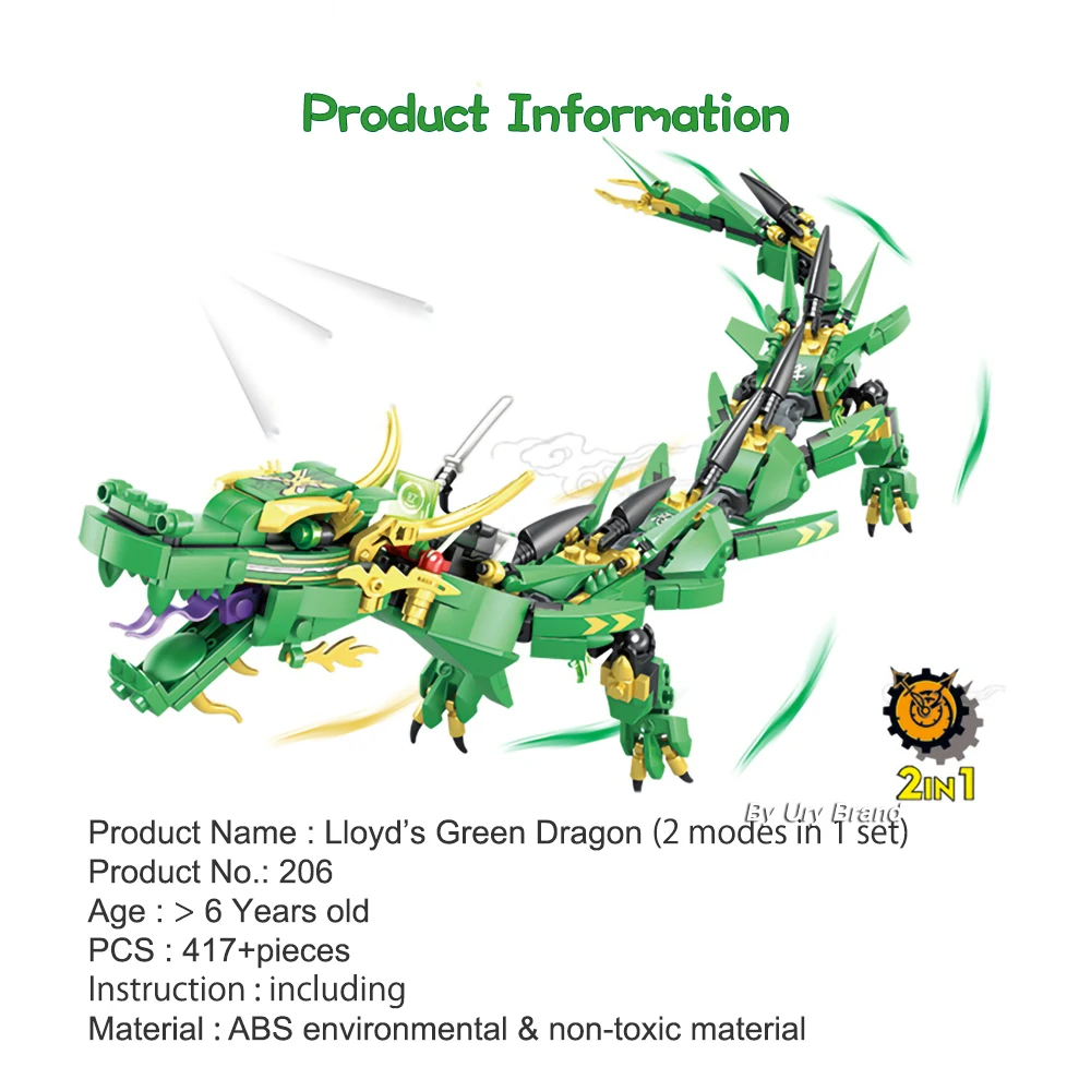 Набор строительных блоков серии ниндзя Lloyd's Green Dragon Fighting Mech Creator 2 в 1 развивающие