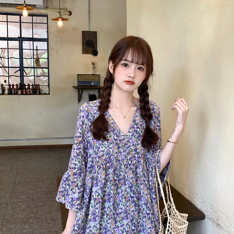 

2020 New summer women Mini Sweet Floral dress backless elegant Casual Preppy Style clothes v-neck Vintage Three Quarter sleeve