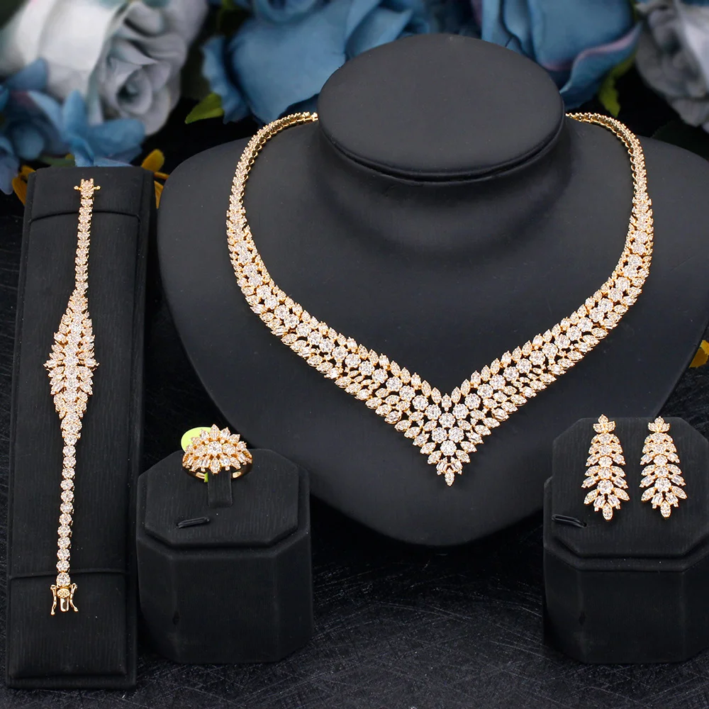 

Saudi Arabia 4 pcs Bridal Zirconia Jewelry Sets For Women Party Luxury Dubai CZ Crystal Wedding Jewelry Sets