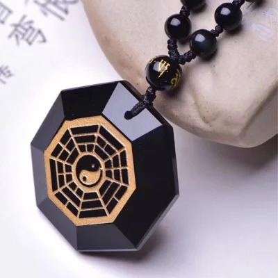 Натуральный обсидиан Золотое Тиснение Багуа кулон для мужчин и женщин ожерелье