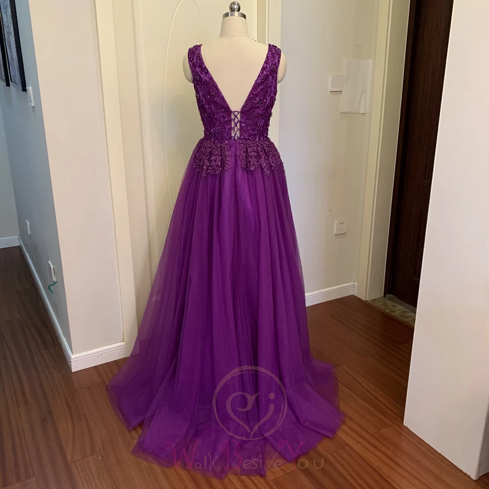 Фиолетовое платье для выпускного вечера дешевое роскошное Тюлевое с аппликации