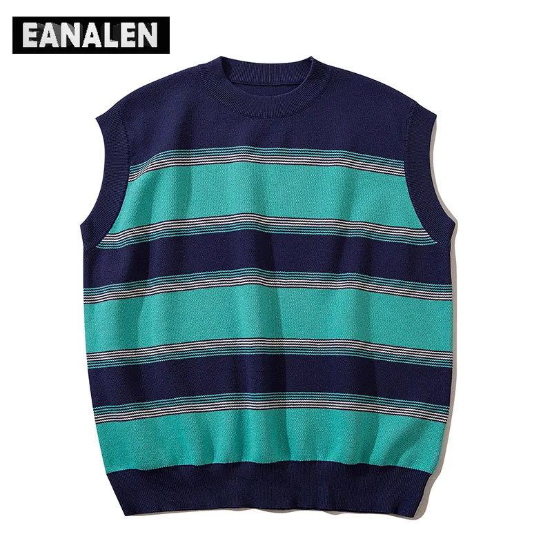 

Полосатый вязаный свитер в стиле Харадзюку, жилет, мужской пуловер контрастных цветов без рукавов, Женская Ретро Уличная одежда, хип-хоп, ро...