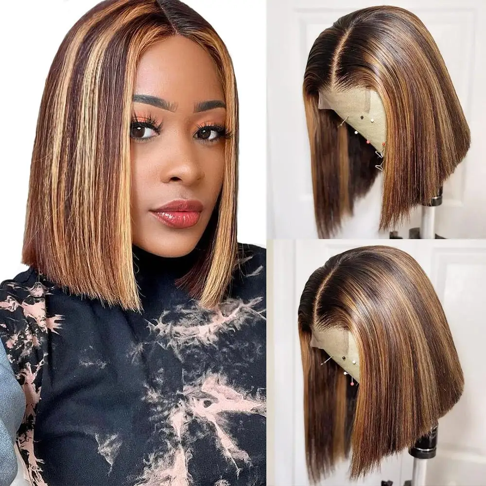 

Highlight Bob Lace Front Wig Ombre P4/27 Brazilian Straight T Part Lace Wig Pre Plucked Highlight Human Hair Wigs 180% Remy Hair