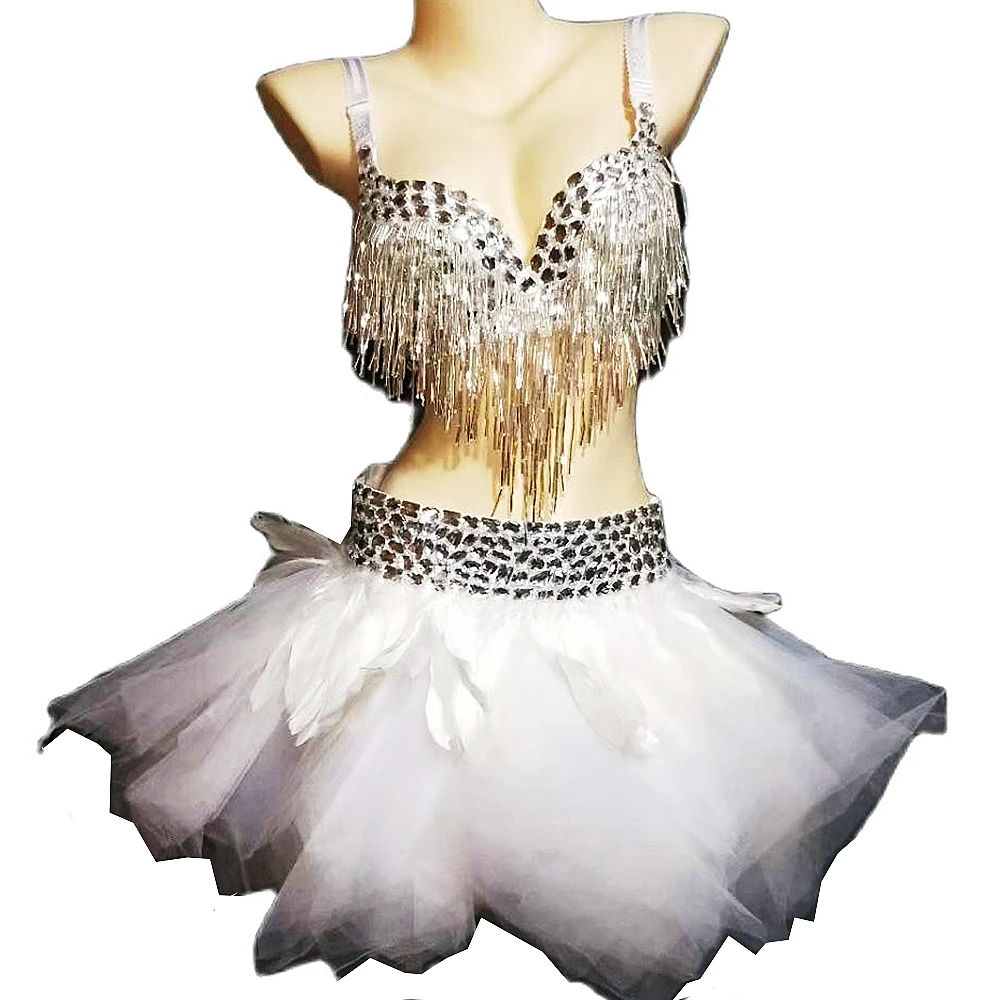 

Rhinestones Feathers Mesh Gauze Dress Two-Piece Fringes Bra Club Stage Dance Show Wear Party Evening Costume Performance Suit
