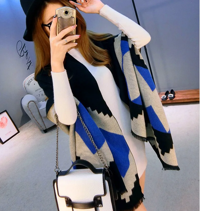 Женский зимний шарф в стиле пэчворк толстый теплый мягкий кашемировый
