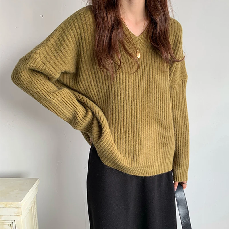 

New V Neck Sweater Women New Korean Elegant Solid Cashmere Sweater Loose Oversized Thick Warm Female Pullovers Tops