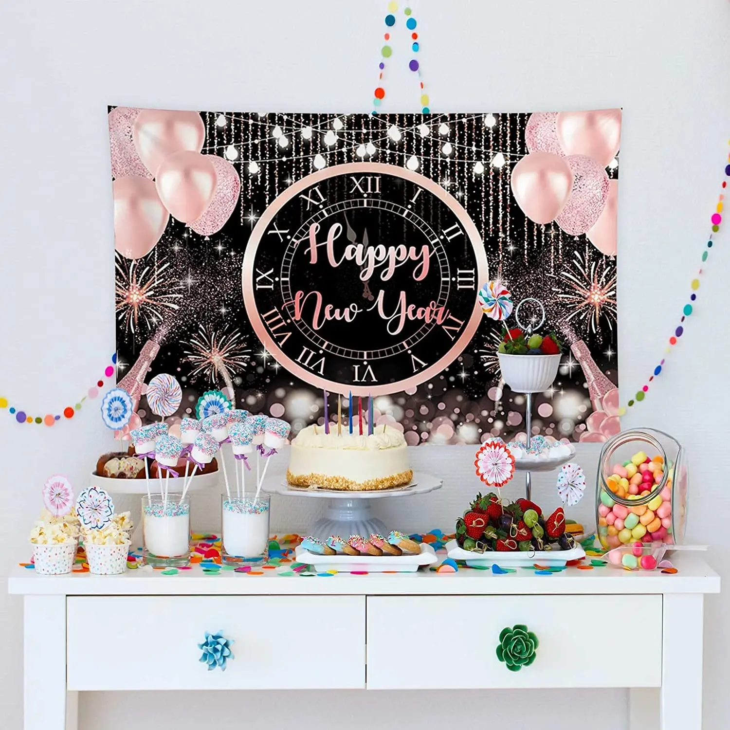 

Rose and Gold Happy New Year Backdrop Hello 2022 Kiss Me at Midnight Photography Background Cheers Party Decoration