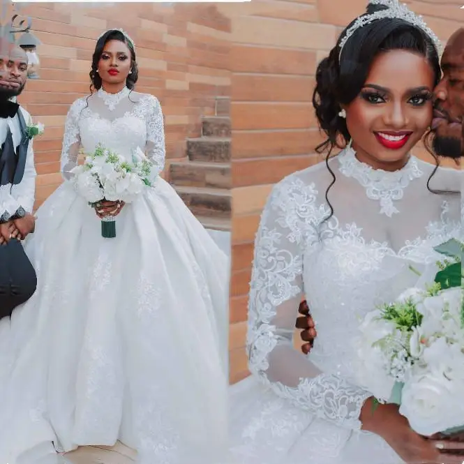 

2021 Ball Gown Plus Size Arabic Aso Ebi Wedding Dresses Vintage Long Sleeves High Neck Bridal Dresses Overskirt Wedding Gowns