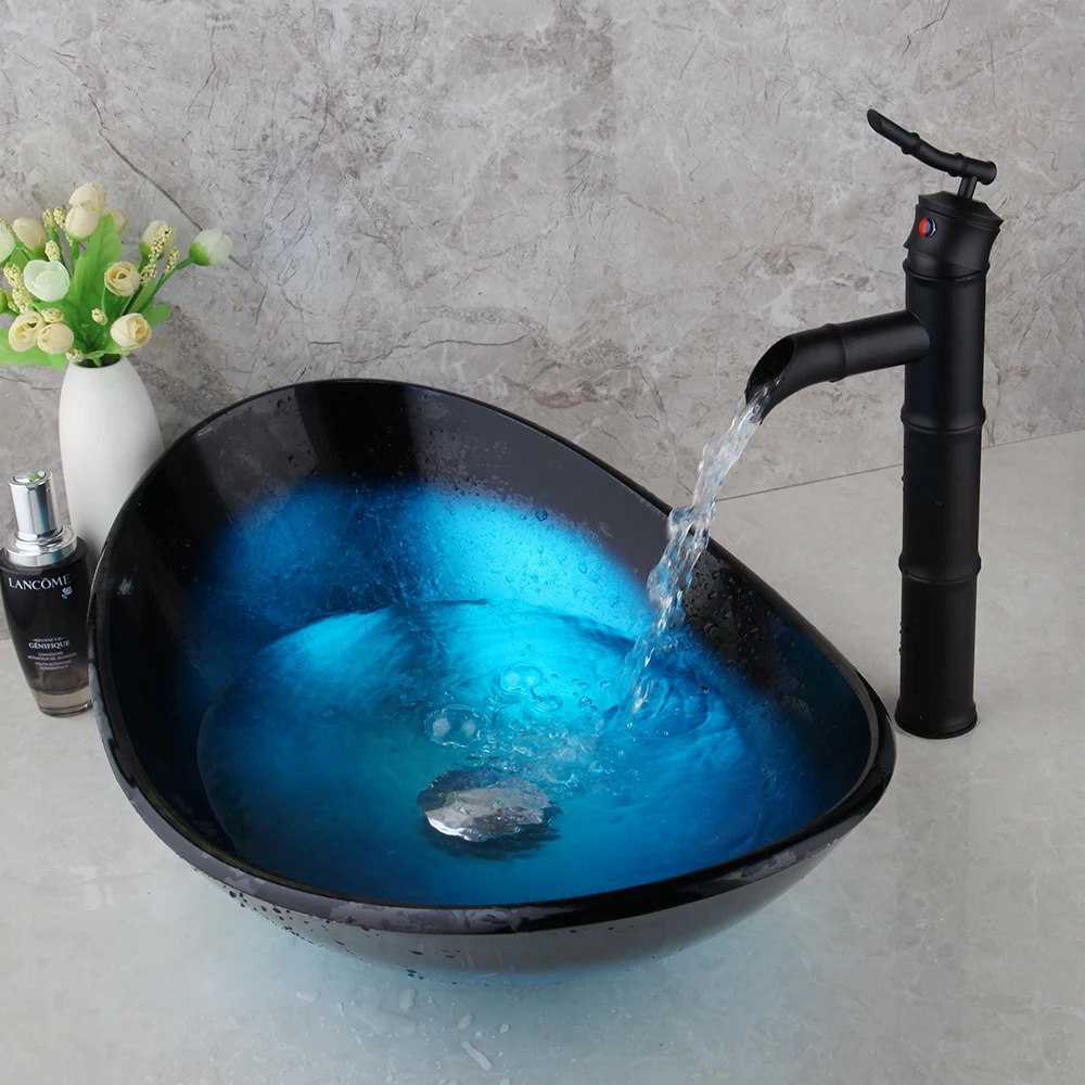 KEMAIDI Round Taps Bathroom Glass Basin Sink Faucet Vessel Drain Combo Set Counter Top Water Mixer Vanity Stream Spout | Обустройство