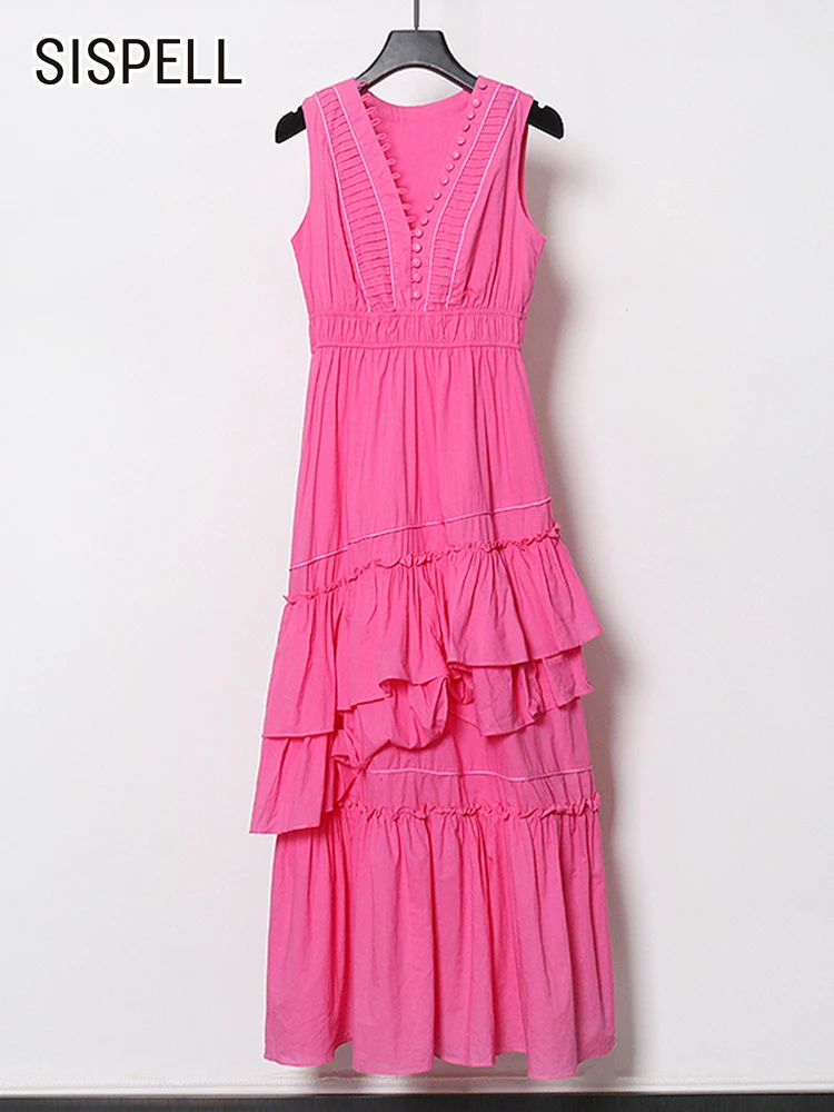

SISPELL Patchwork Ruffle Dresses For Female V Neck Sleeveless High Waist Slimming Ruched Women's Dress Fashion New 2021