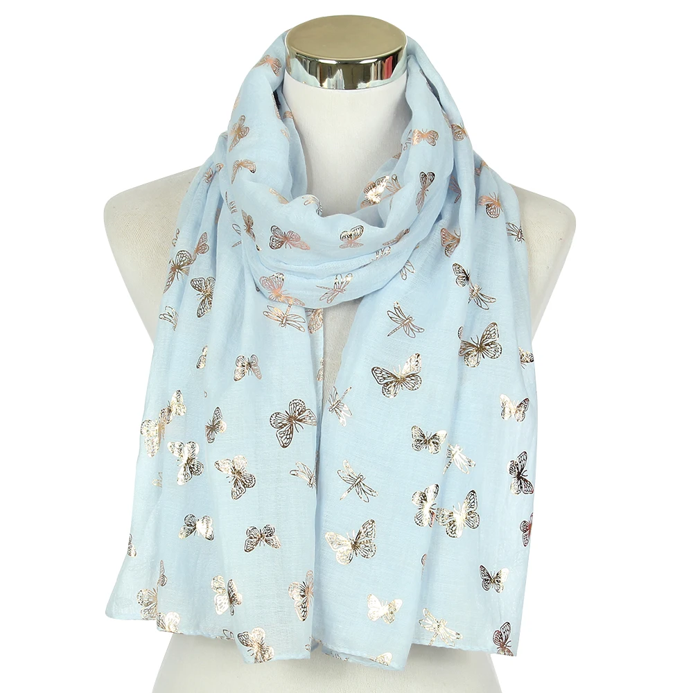 Женский зимний шарф FOXMOTHER белый небесно-голубой с принтом в виде бабочки и